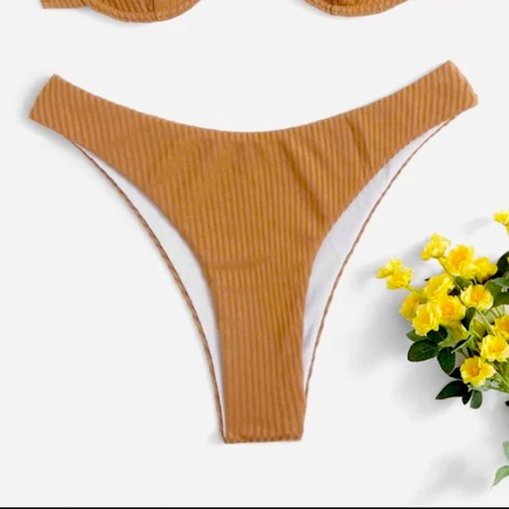 Solid light brown ribbed bikini bottoms